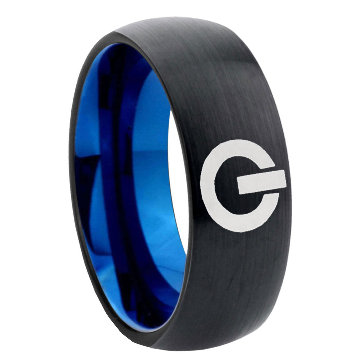 8mm Power Two-Tone Classic Dome Black Blue Tungsten Engraved Ring