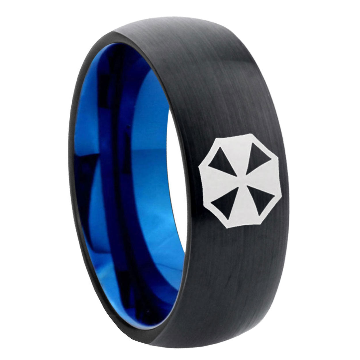 8mm Resident Evil Two-Tone Classic Dome Black Blue Tungsten Engraved Ring