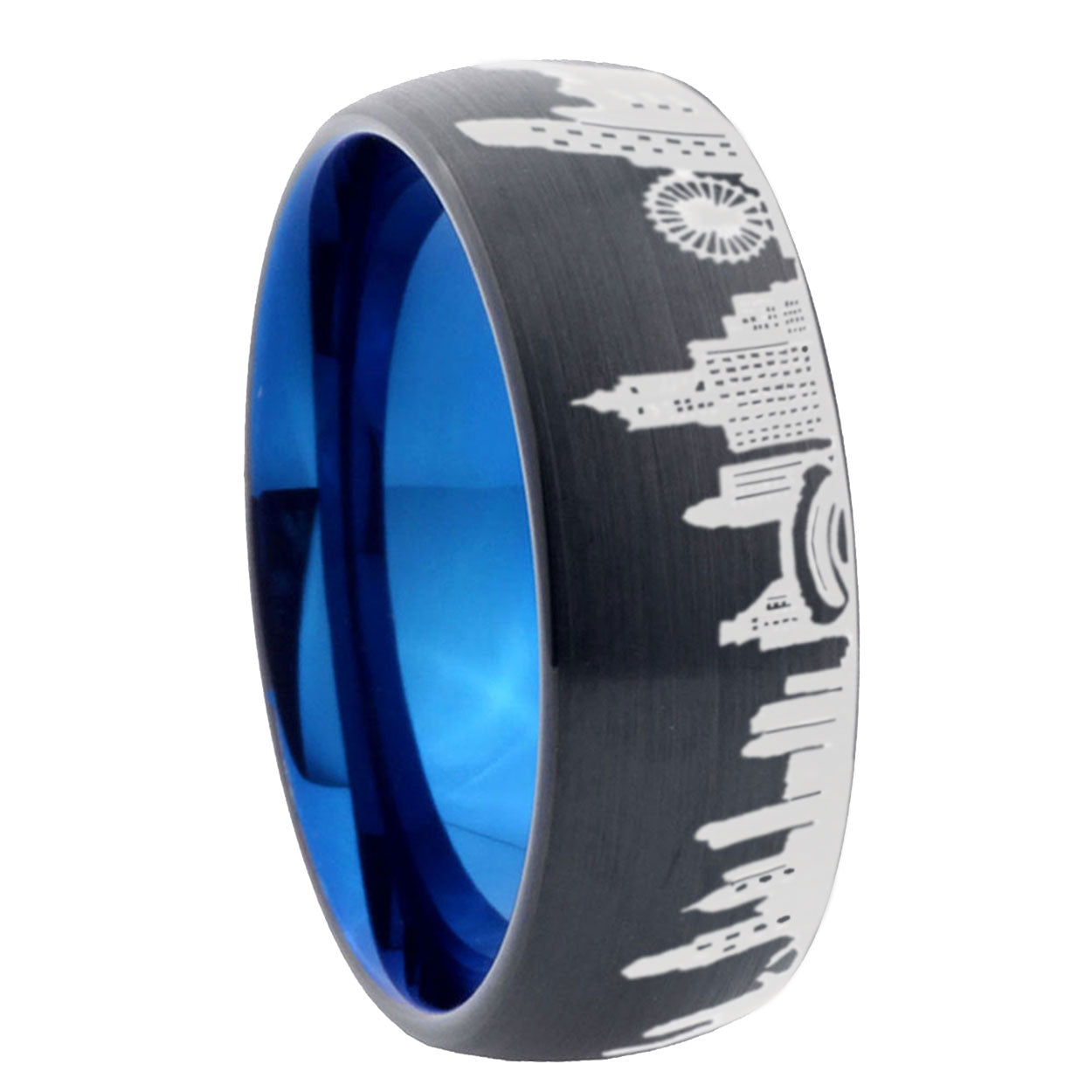 8mm Chicago City Two-Tone Classic Dome Black Blue Tungsten Engraved Ring