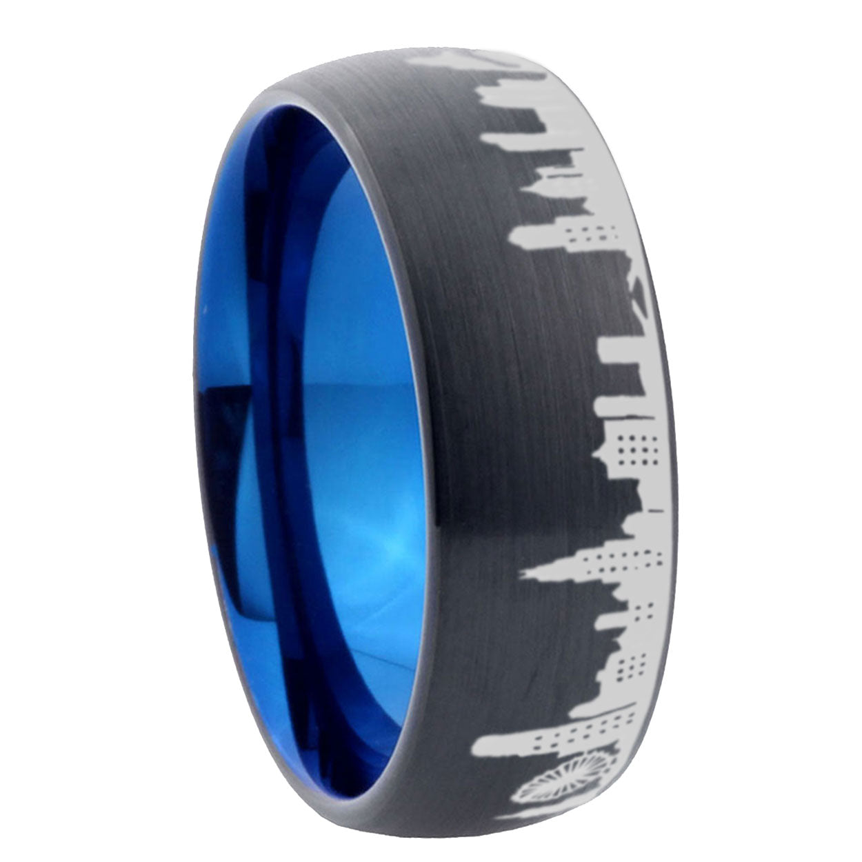 5mm Chicago City Two-Tone Classic Dome Black Blue Tungsten Engraved Ring