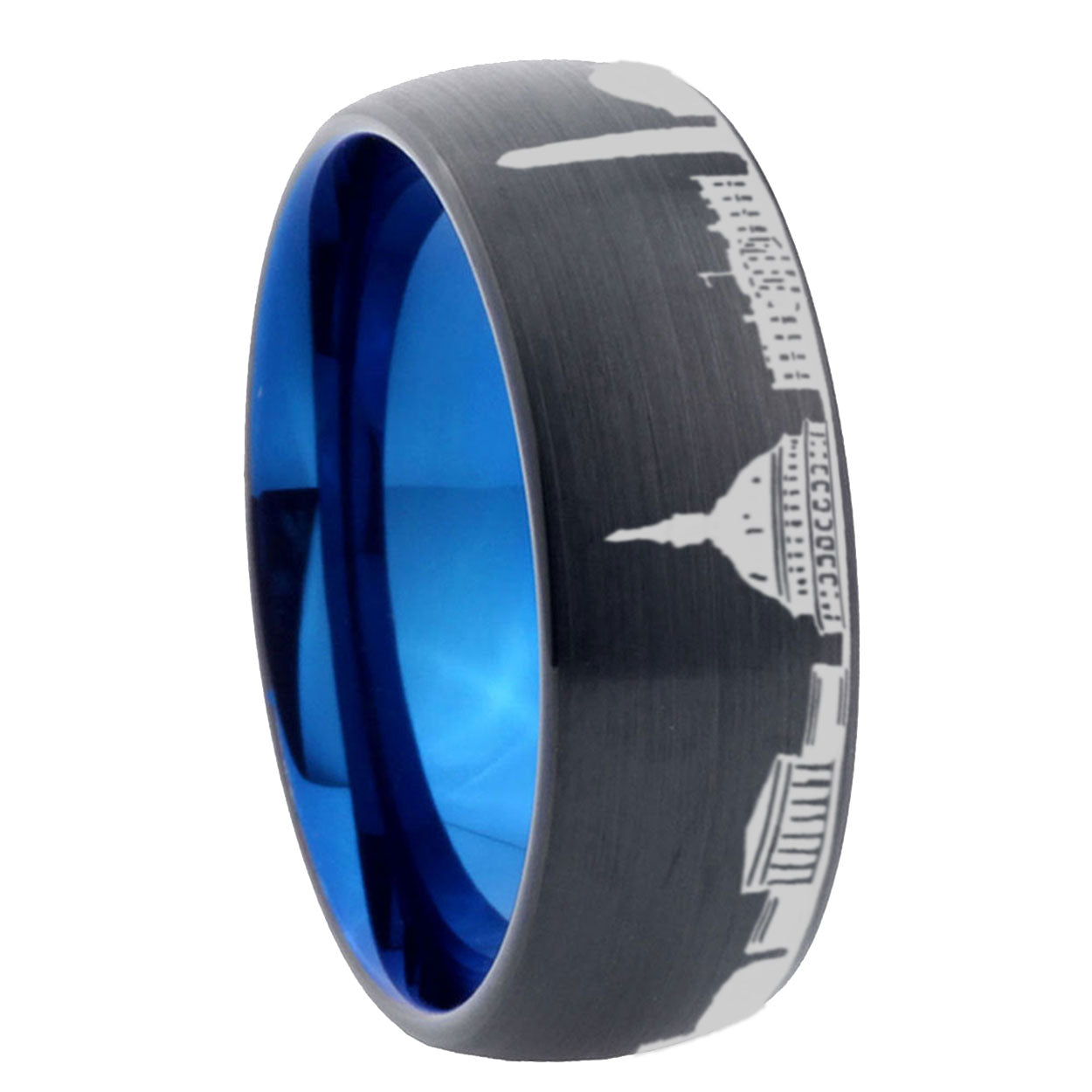 8mm DC Washington City Two-Tone Classic Dome Black Blue Tungsten Engraved Ring