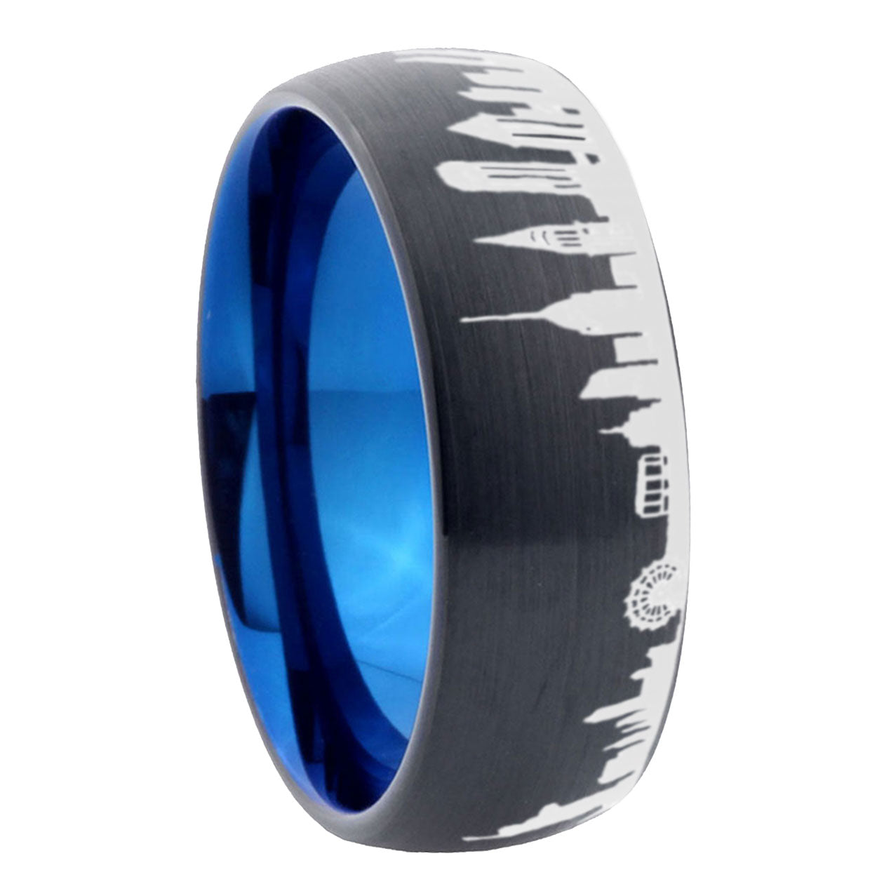 5mm NY New York City Two-Tone Classic Dome Black Blue Tungsten Engraved Ring