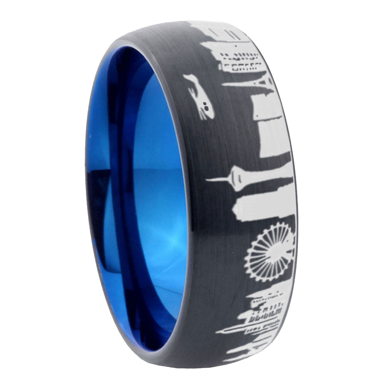 8mm LA Las Vegas City Two-Tone Classic Dome Black Blue Tungsten Engraved Ring