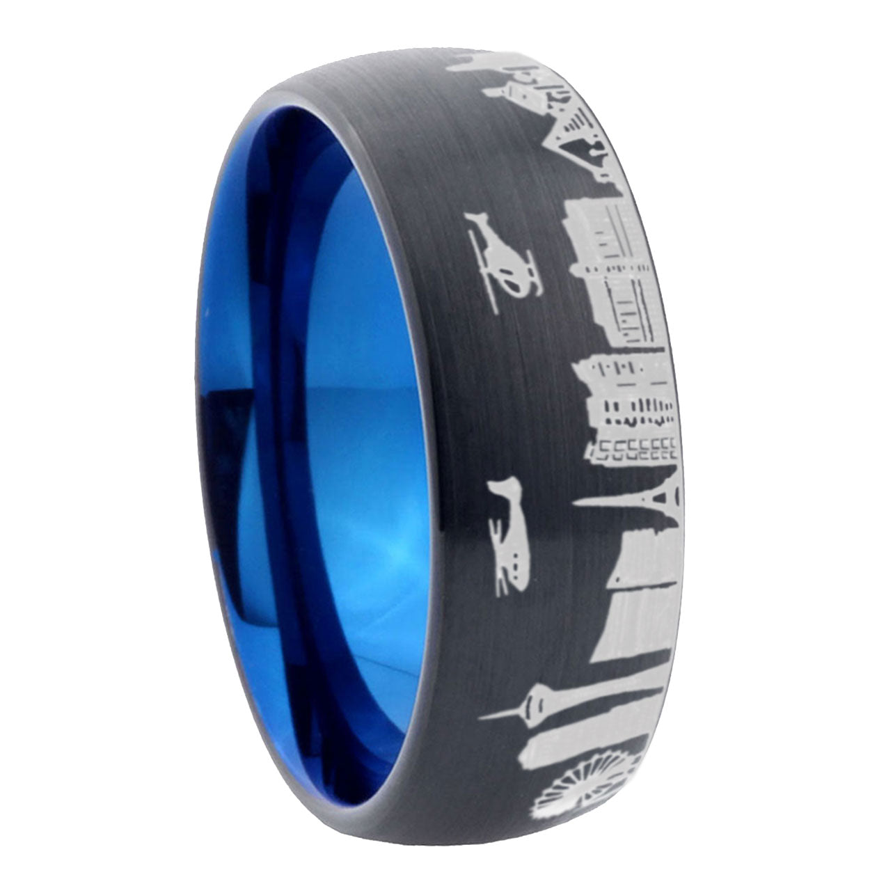 5mm LA Las Vegas City Two-Tone Classic Dome Black Blue Tungsten Engraved Ring