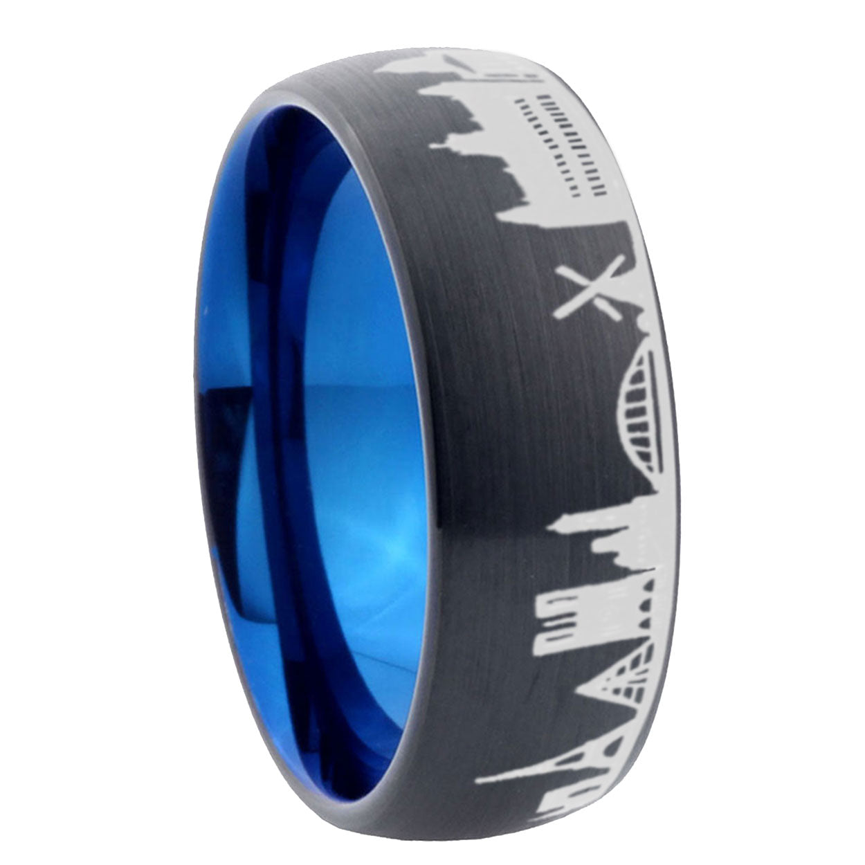 8mm France Paris City Two-Tone Classic Dome Black Blue Tungsten Engraved Ring