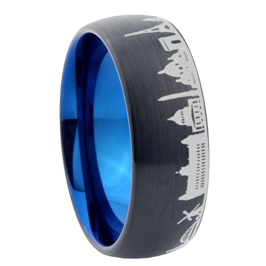 5mm France Paris City Two-Tone Classic Dome Black Blue Tungsten Engraved Ring
