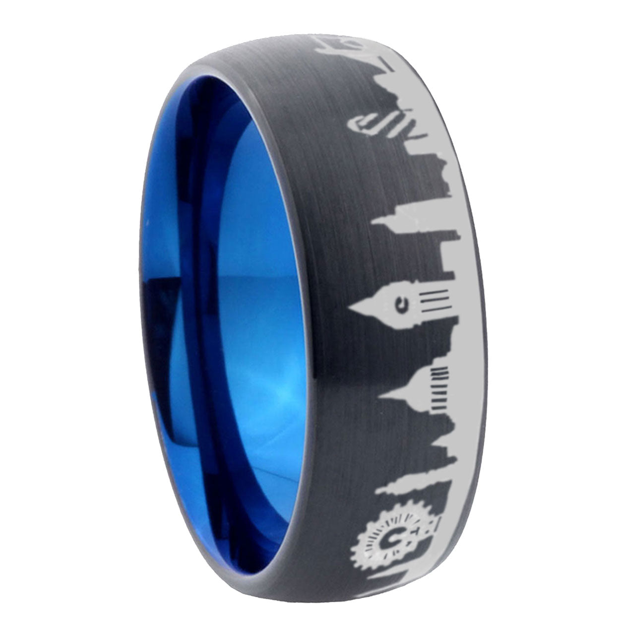 8mm UK London City Two-Tone Classic Dome Black Blue Tungsten Engraved Ring