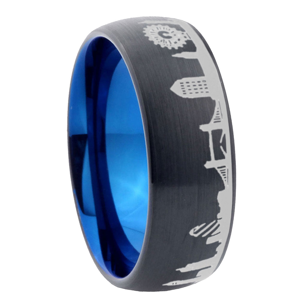 5mm UK London City Two-Tone Classic Dome Black Blue Tungsten Engraved Ring