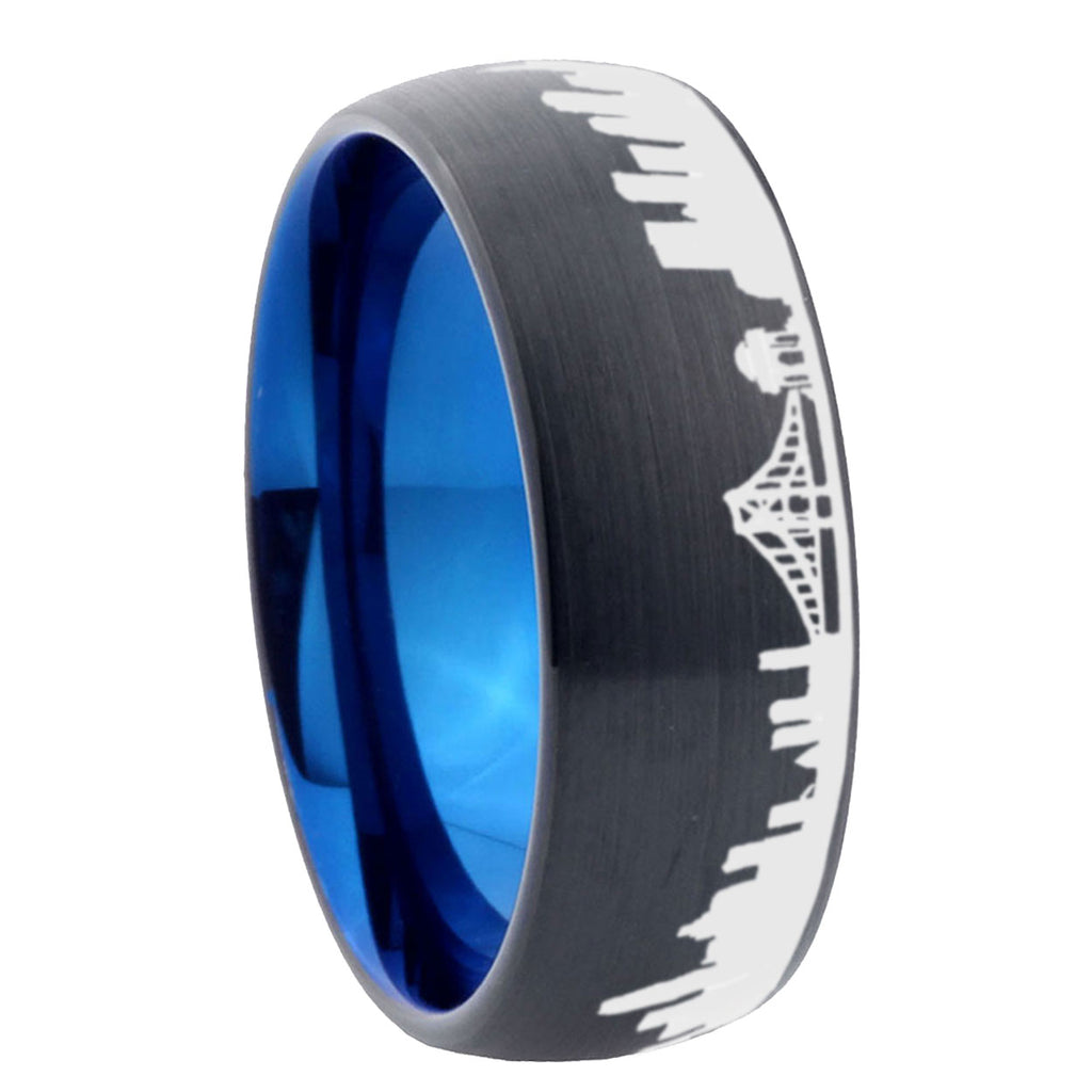8mm CA San Francisco City Two-Tone Classic Dome Black Blue Tungsten Engraved Ring