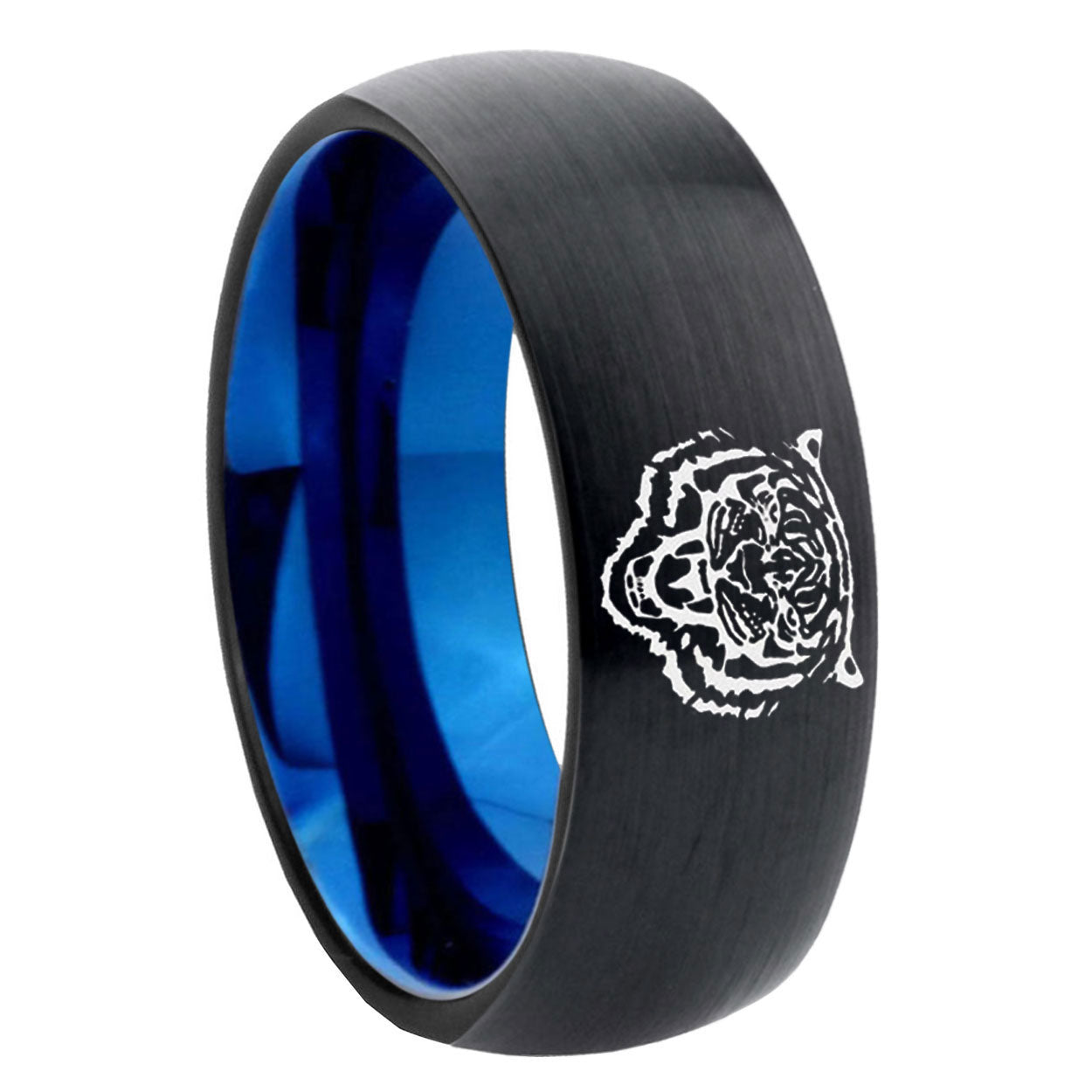8mm Lion Two-Tone Classic Dome Black Blue Tungsten Engraved Ring