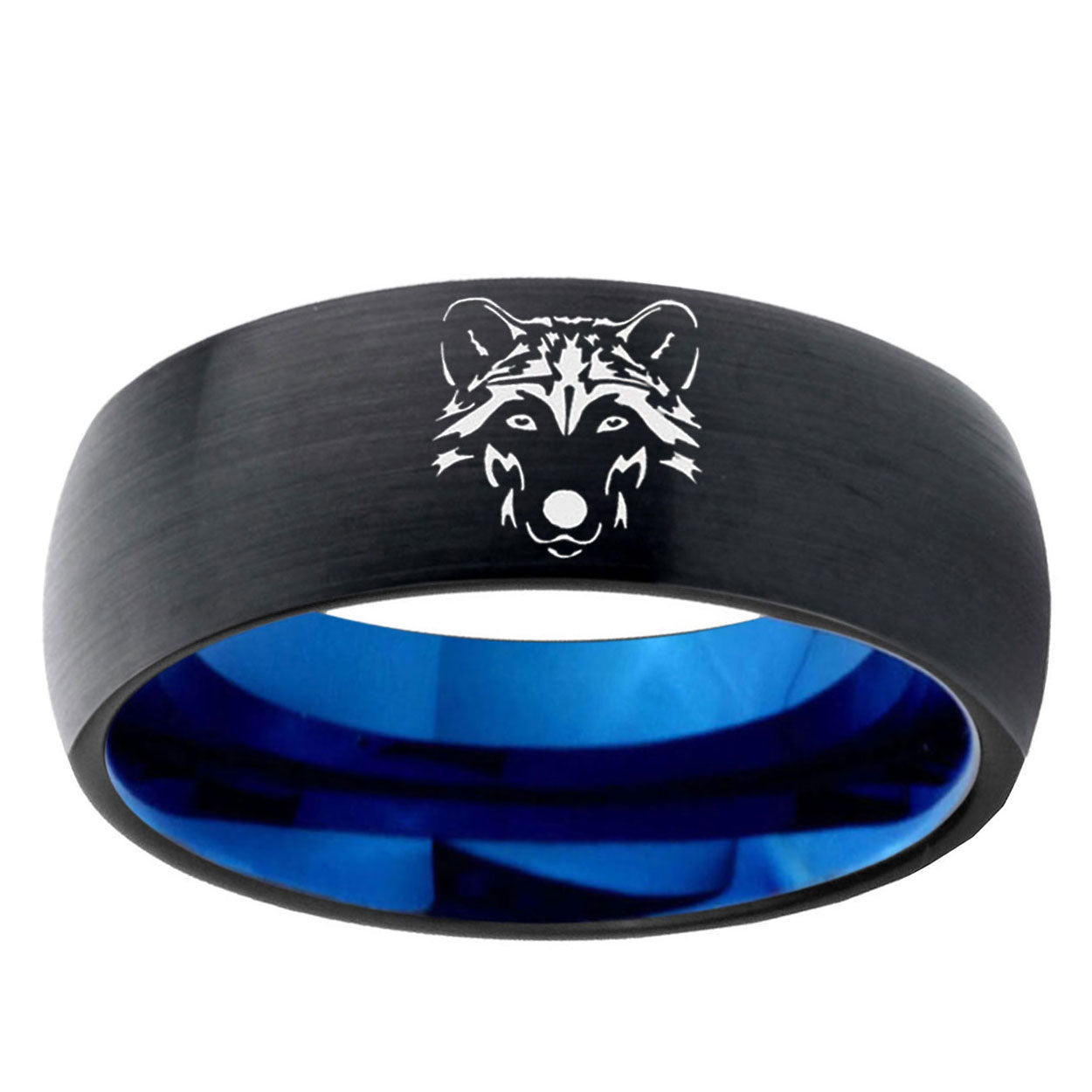 5mm Wolf Two-Tone Classic Dome Black Blue Tungsten Engraved Ring