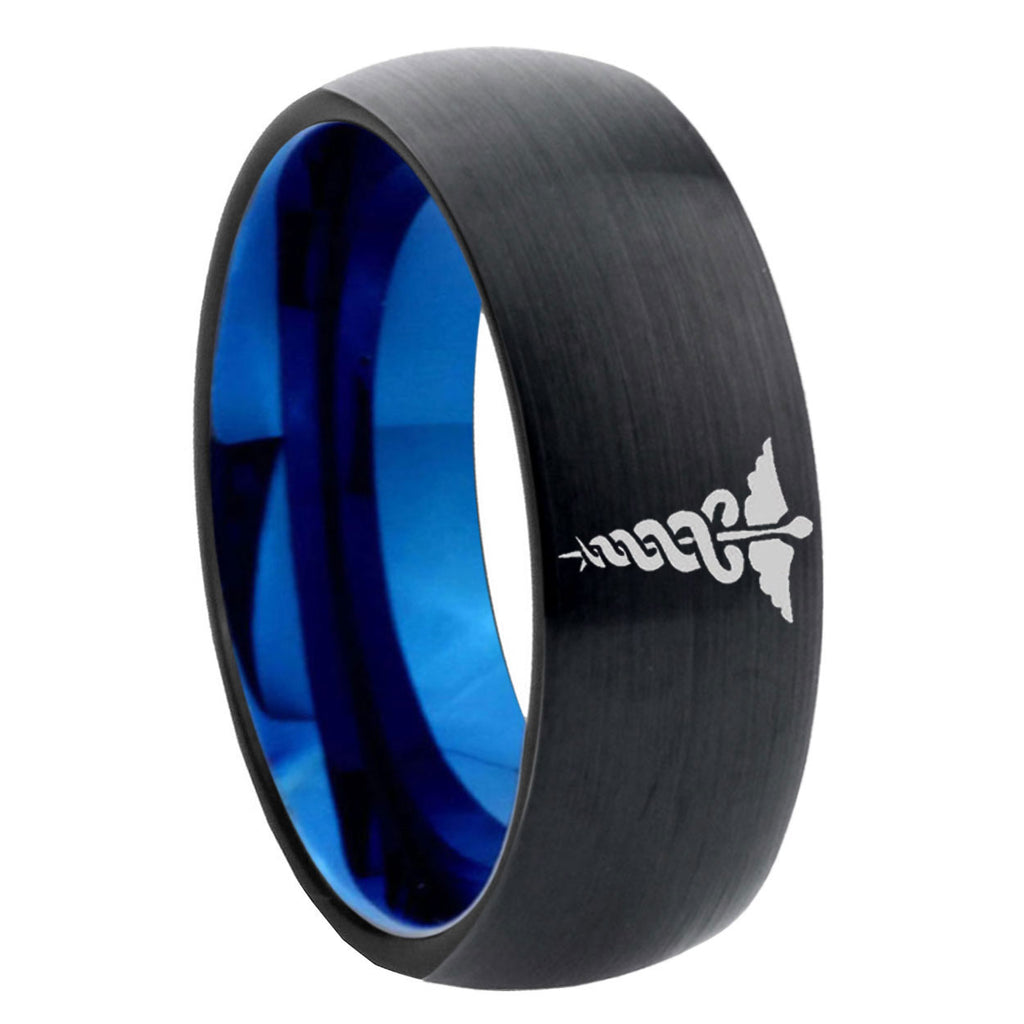 8mm Medical Symbol Two-Tone Classic Dome Black Blue Tungsten Engraved Ring