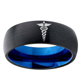 5, 8mm Medical Symbol Dome Tungsten Carbide Blue Wedding Band Mens
