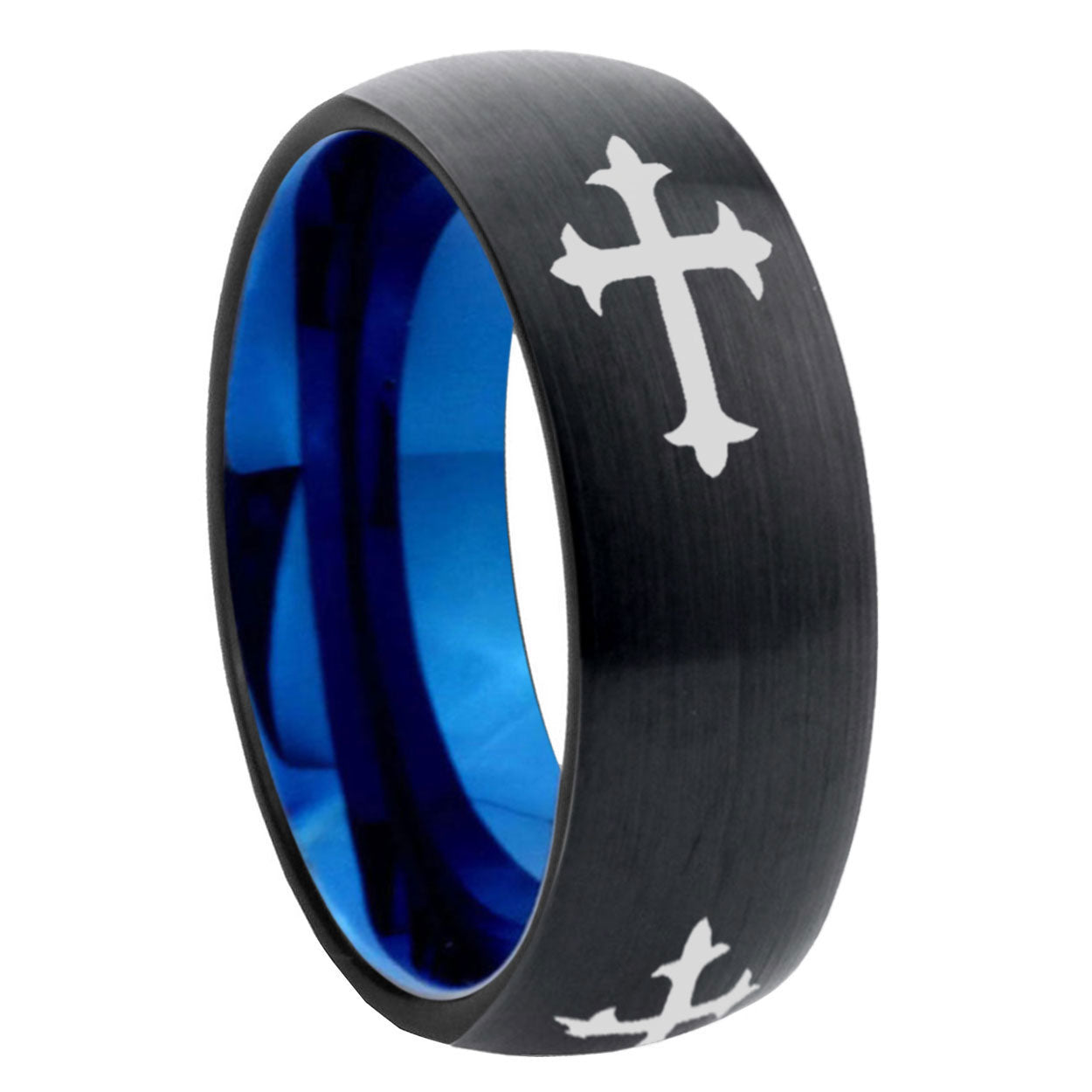 8mm Christian Cross Religious Two-Tone Classic Dome Black Blue Tungsten Engraved Ring