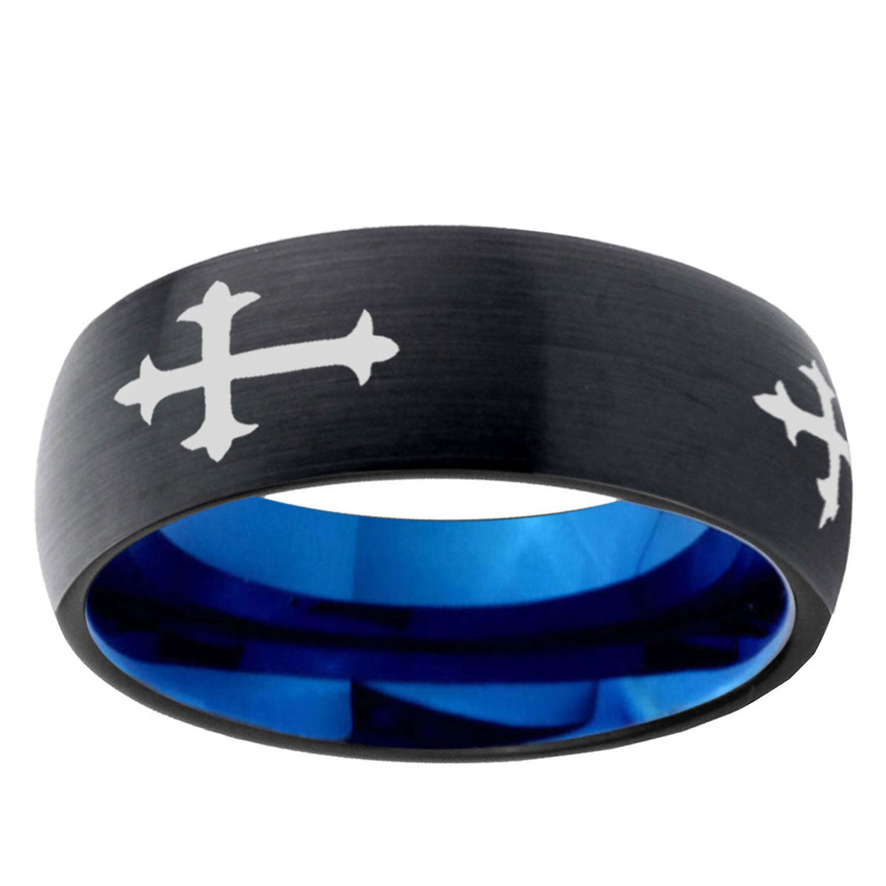5mm Christian Cross Religious Two-Tone Classic Dome Black Blue Tungsten Engraved Ring