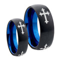 Christian Cross Religious Dome Blue Tungsten Mens Ring Set