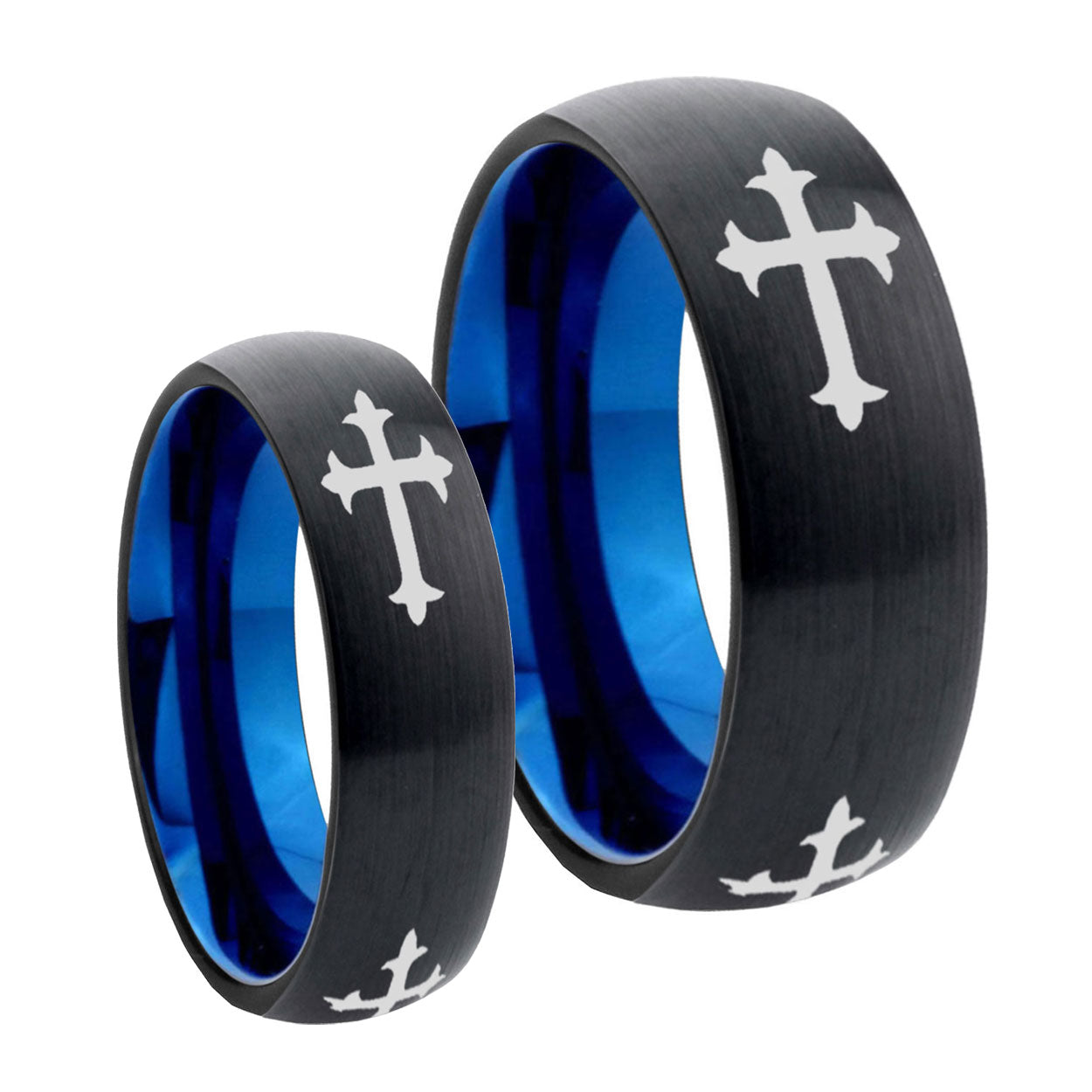 Christian Cross Religious Dome Blue Tungsten Mens Ring Set