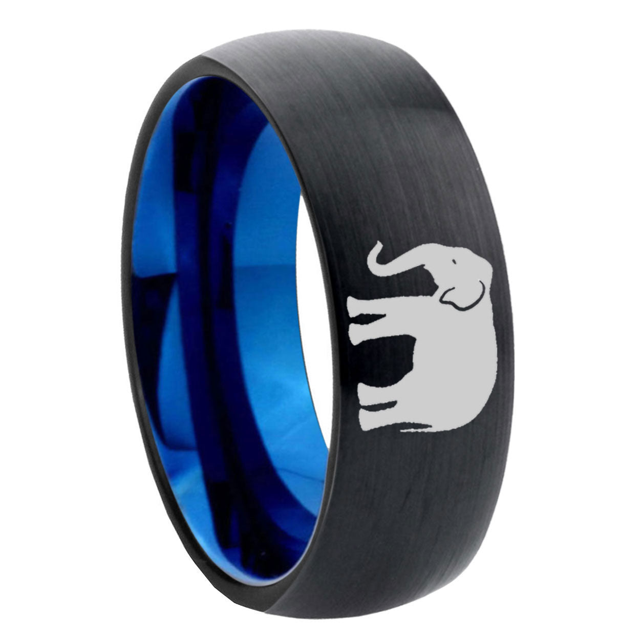 8mm Elephant Two-Tone Classic Dome Black Blue Tungsten Engraved Ring
