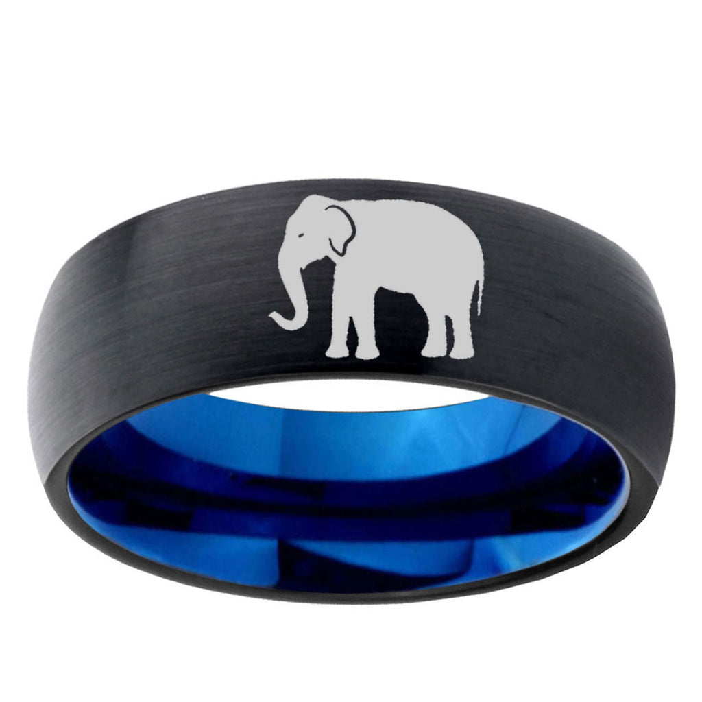 5mm Elephant Two-Tone Classic Dome Black Blue Tungsten Engraved Ring