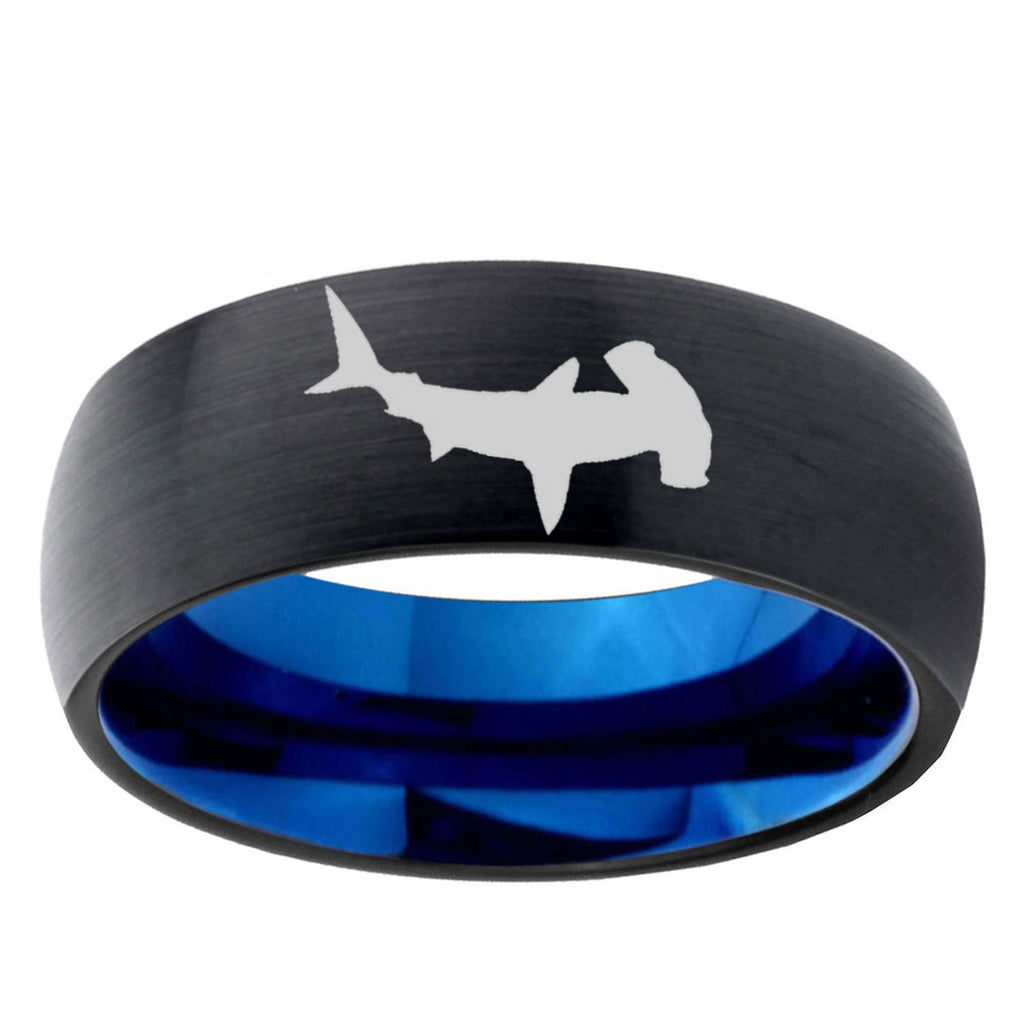 5mm Hammerhead Shark Two-Tone Classic Dome Black Blue Tungsten Engraved Ring