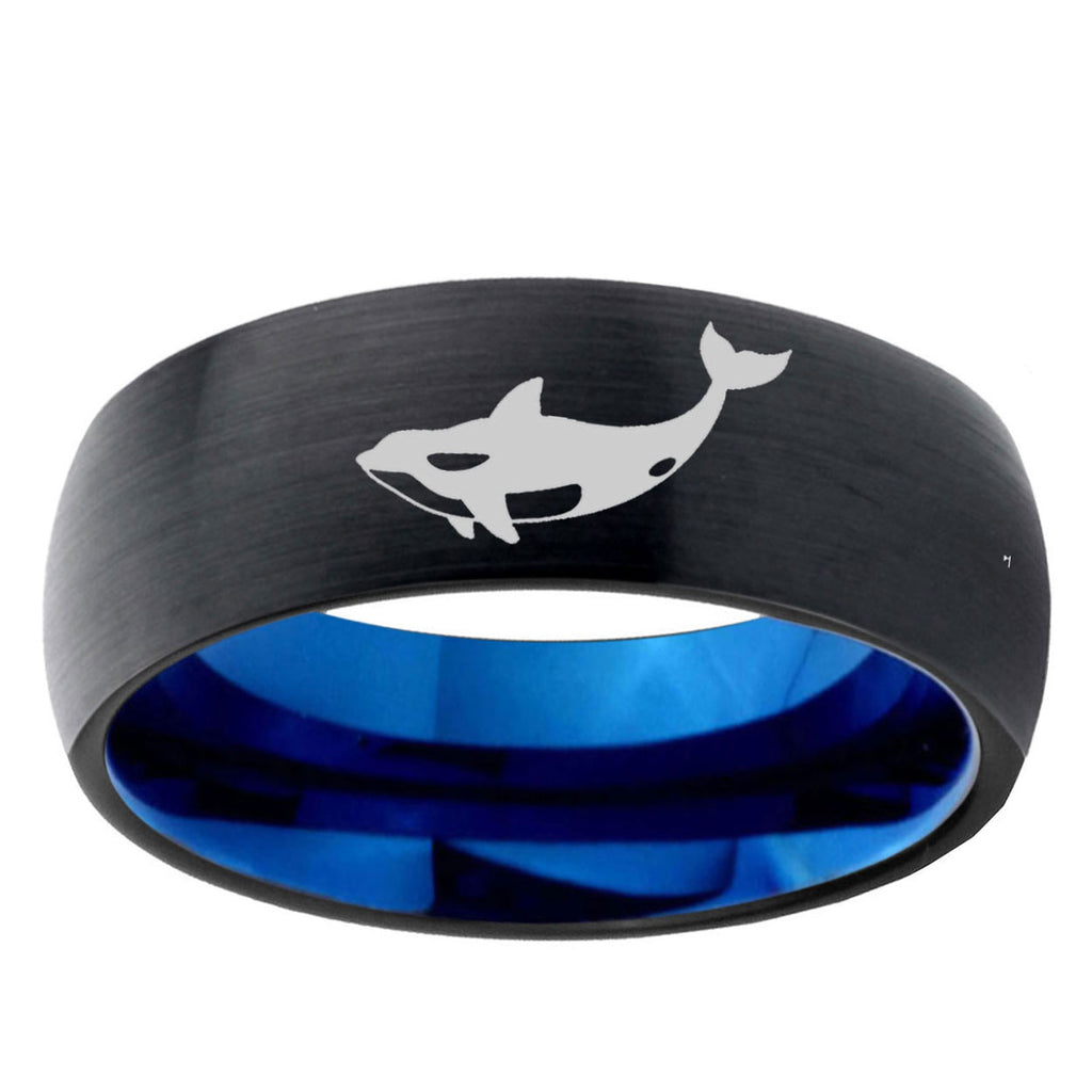 5mm Killer Whale Two-Tone Classic Dome Black Blue Tungsten Engraved Ring