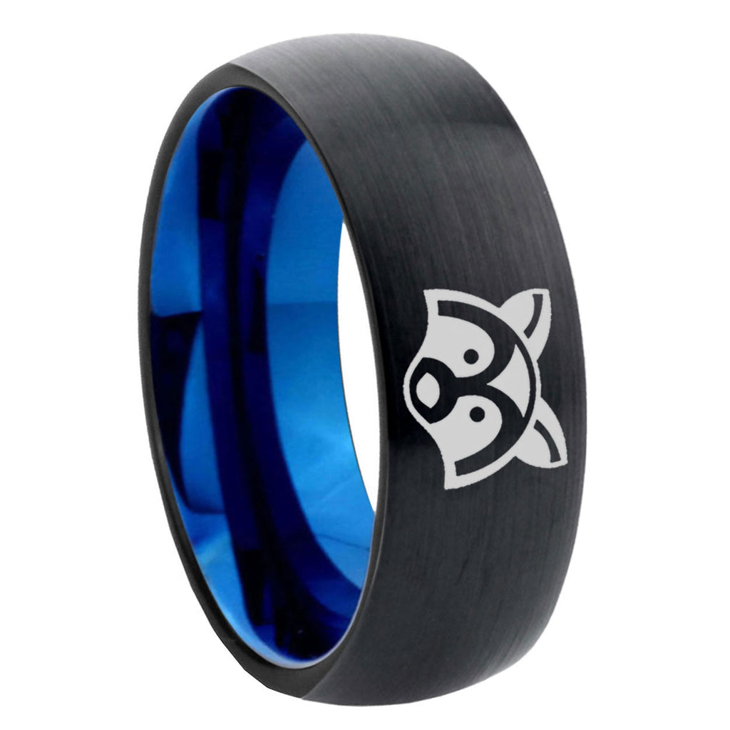 8mm Raccoon Two-Tone Classic Dome Black Blue Tungsten Engraved Ring
