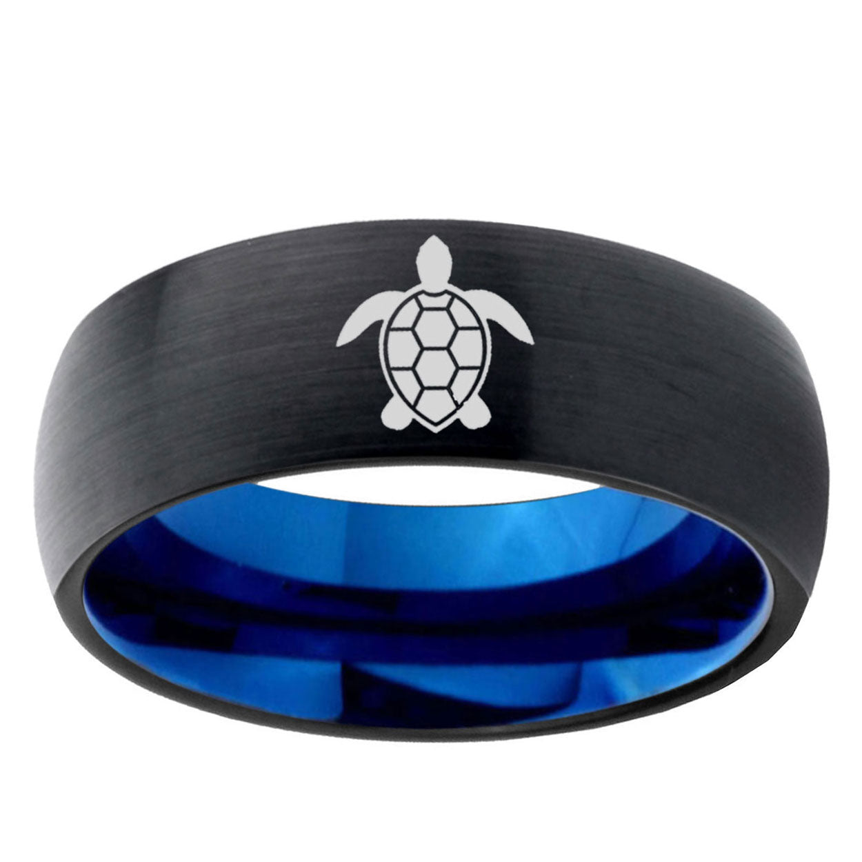 5mm Sea Turtle Two-Tone Classic Dome Black Blue Tungsten Engraved Ring