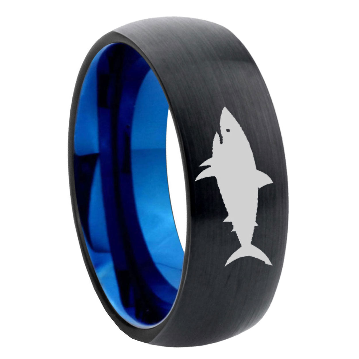 8mm Shark Two-Tone Classic Dome Black Blue Tungsten Engraved Ring