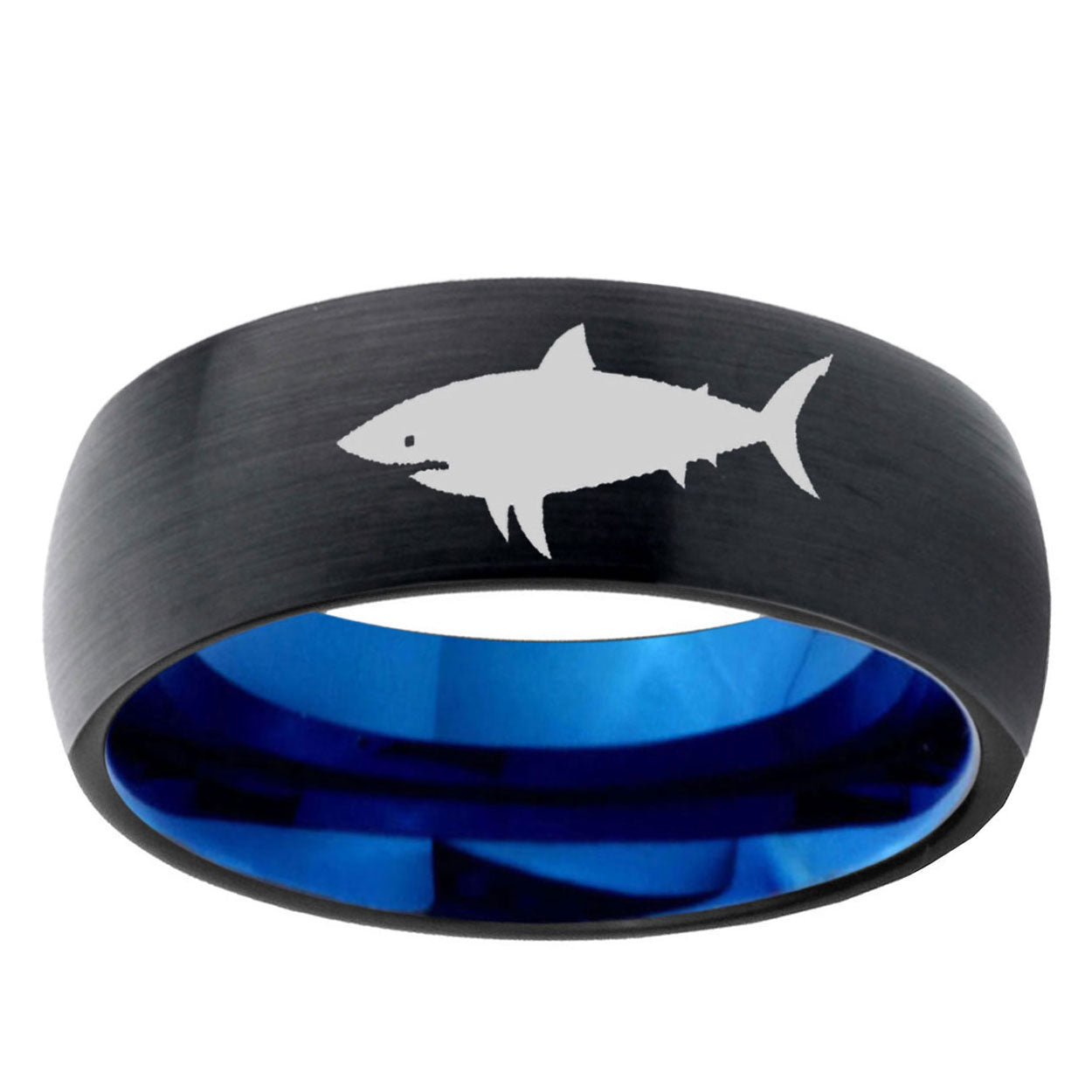 5mm Shark Two-Tone Classic Dome Black Blue Tungsten Engraved Ring
