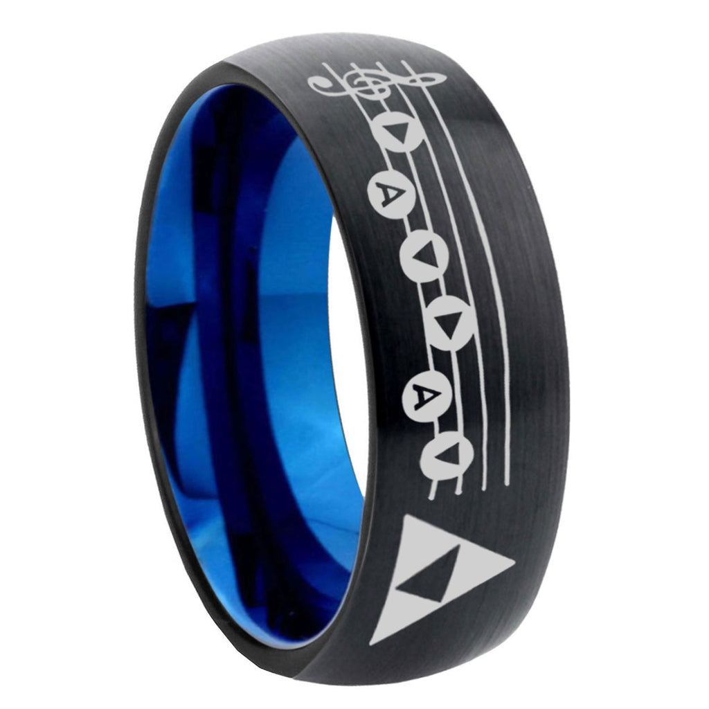 8mm Ocarina Songs Zelda Two-Tone Classic Dome Black Blue Tungsten Engraved Ring