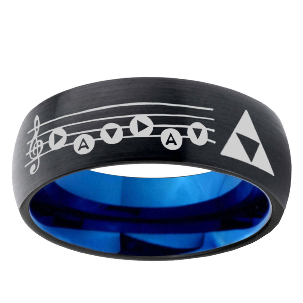 5mm Ocarina Songs Zelda Two-Tone Classic Dome Black Blue Tungsten Engraved Ring
