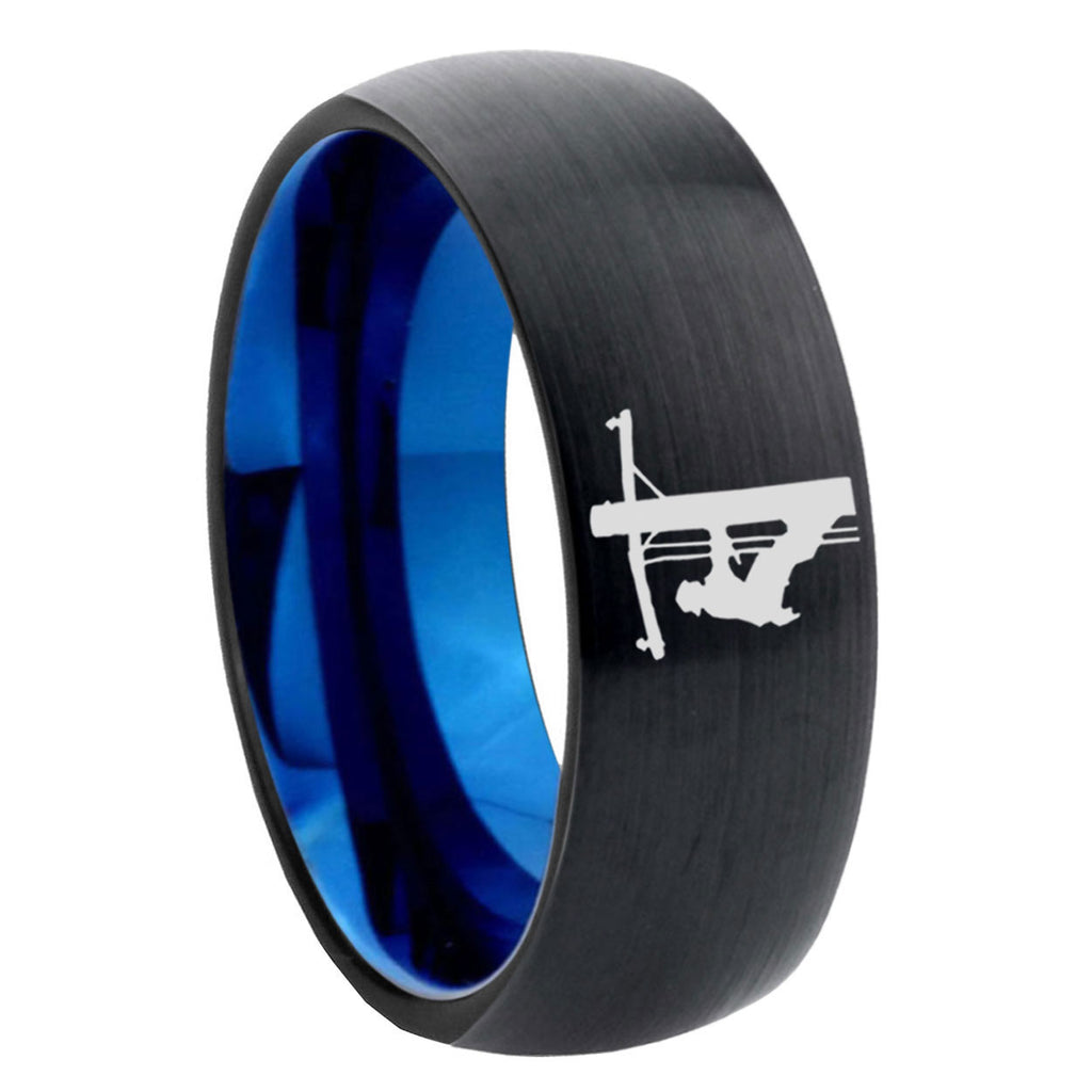 8mm Lineman Symbol Two-Tone Classic Dome Black Blue Tungsten Engraved Ring