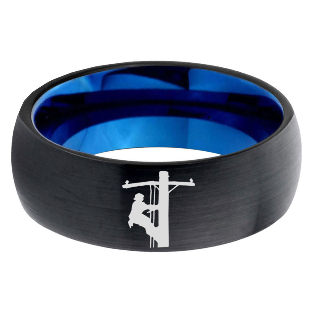 5mm Lineman Symbol Two-Tone Classic Dome Black Blue Tungsten Engraved Ring