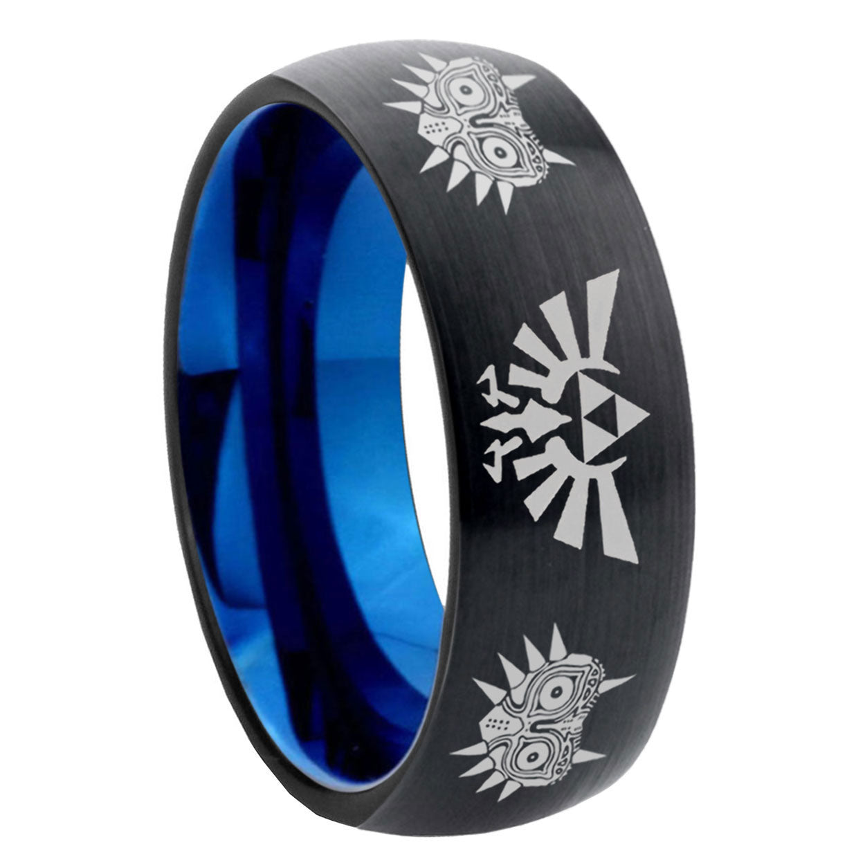 8mm Zelda Majora's Mask Two-Tone Classic Dome Black Blue Tungsten Engraved Ring