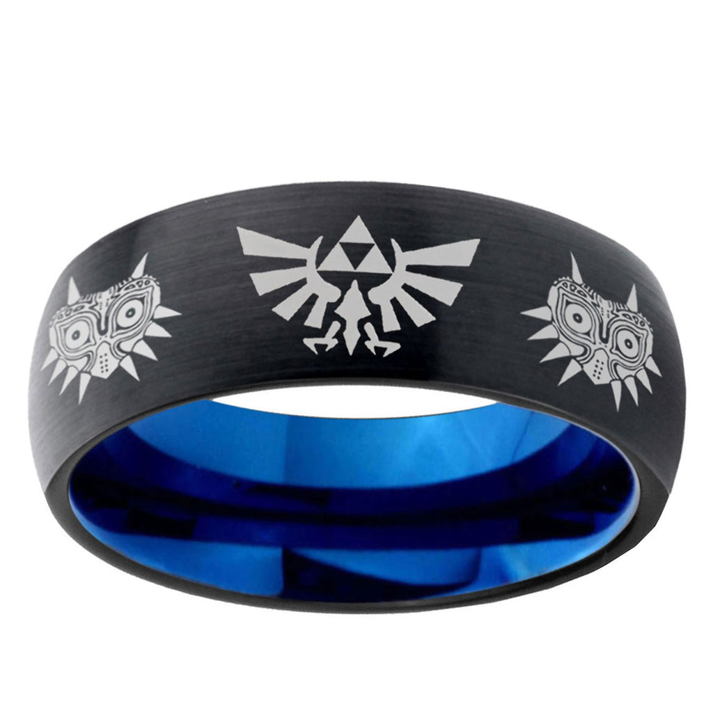 5mm Zelda Majora's Mask Two-Tone Classic Dome Black Blue Tungsten Engraved Ring