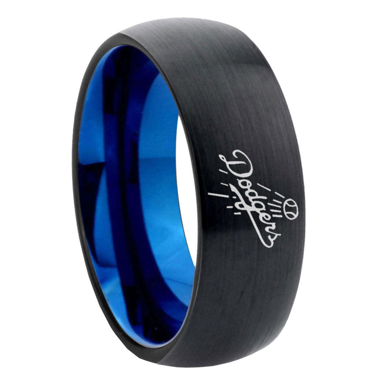 8mm LA Dogers MLB Baseball Two-Tone Classic Dome Black Blue Tungsten Engraved Ring