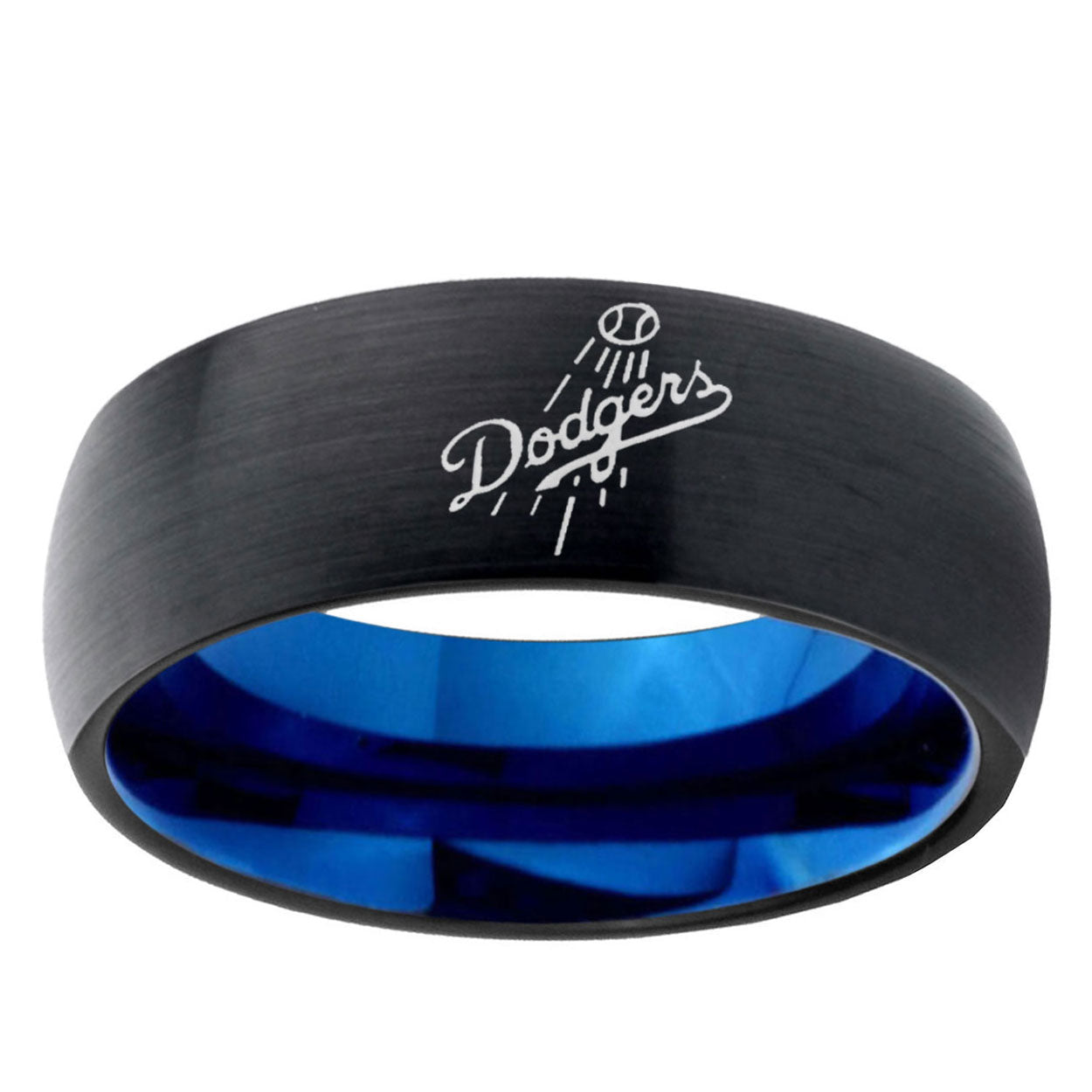 5mm LA Dogers MLB Baseball Two-Tone Classic Dome Black Blue Tungsten Engraved Ring
