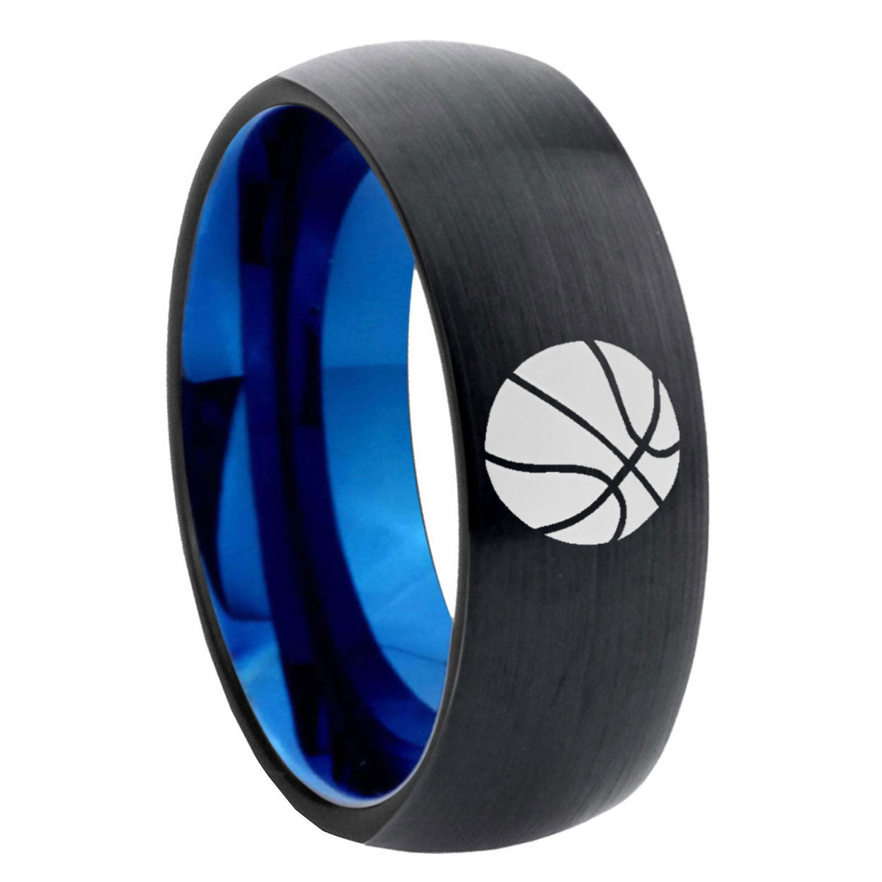8mm Basketball Two-Tone Classic Dome Black Blue Tungsten Engraved Ring