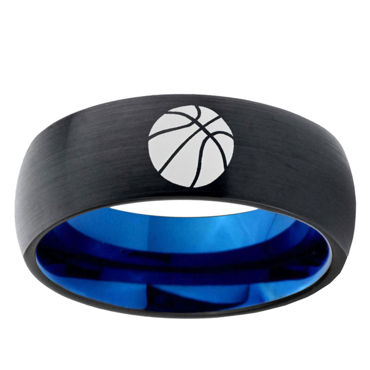 5mm Basketball Two-Tone Classic Dome Black Blue Tungsten Engraved Ring