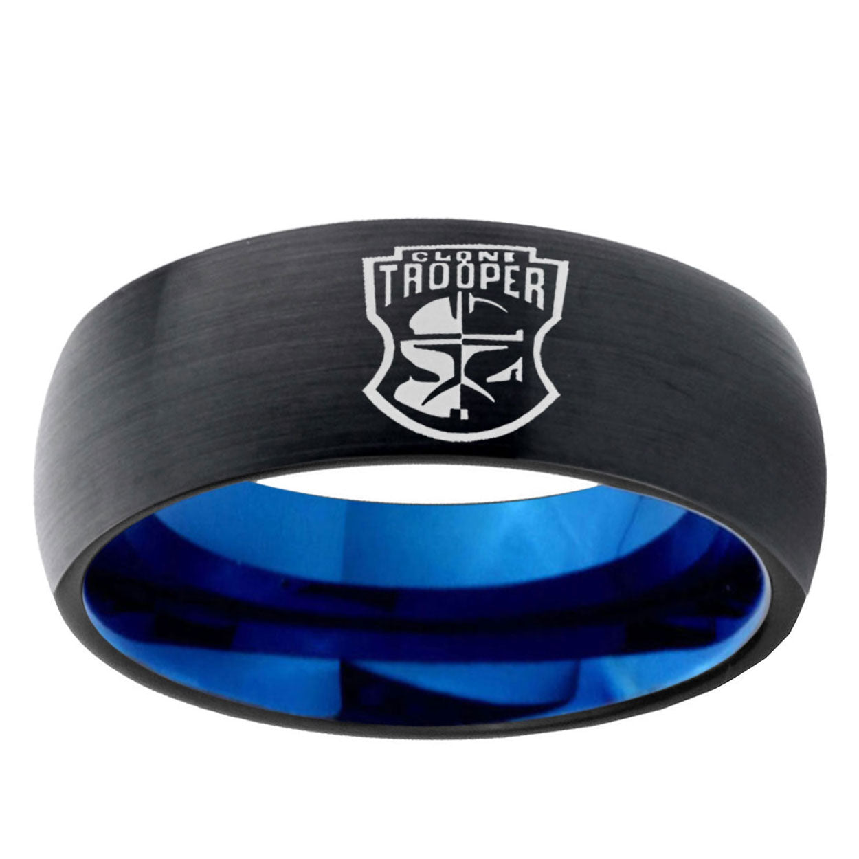 5mm Clone Trooper Two-Tone Classic Dome Black Blue Tungsten Engraved Ring