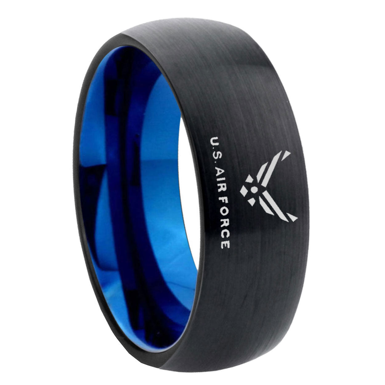 8mm US Air Force Two-Tone Classic Dome Black Blue Tungsten Engraved Ring