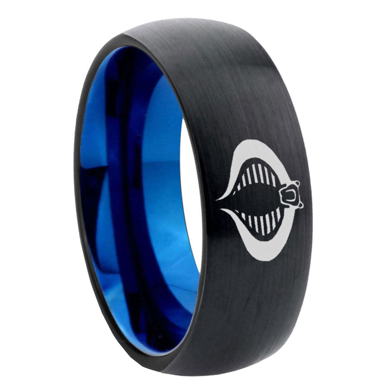 8mm Cobra Two-Tone Classic Dome Black Blue Tungsten Engraved Ring
