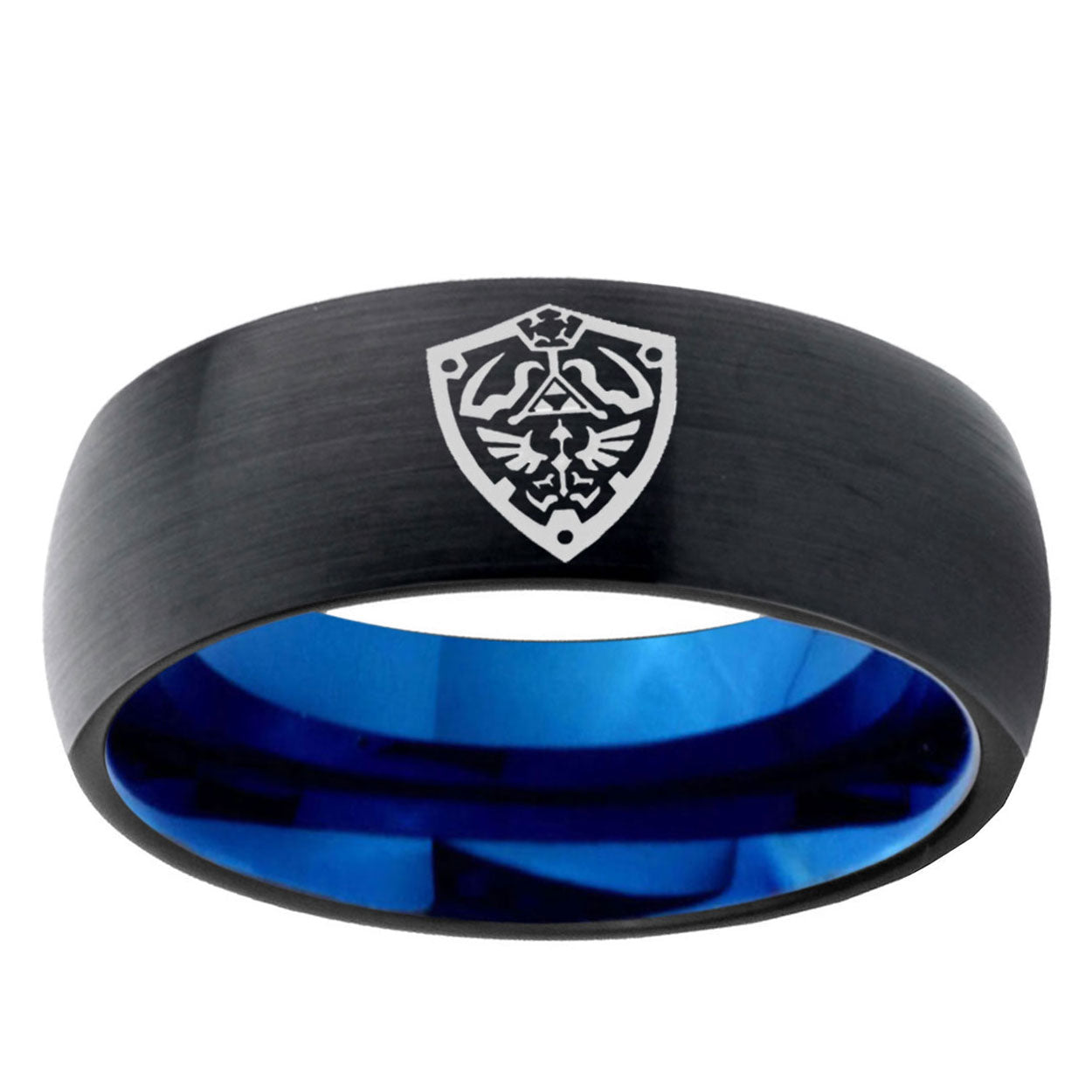 5mm Zelda Hylian Shield Two-Tone Classic Dome Black Blue Tungsten Engraved Ring
