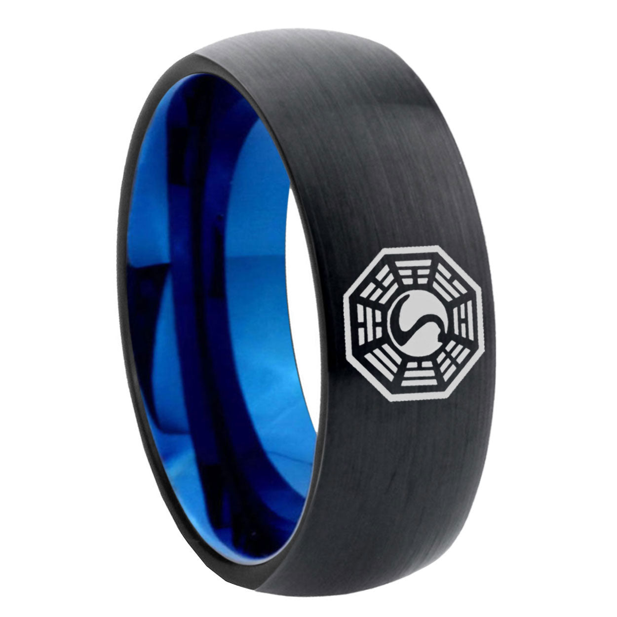 8mm Lost Dharma Two-Tone Classic Dome Black Blue Tungsten Engraved Ring