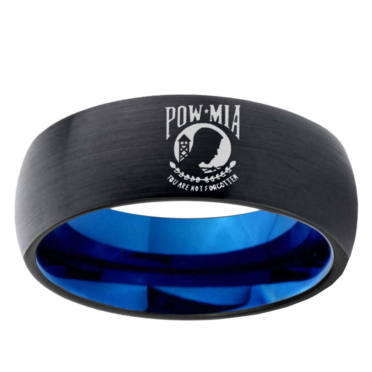 5mm Military Pow Two-Tone Classic Dome Black Blue Tungsten Engraved Ring