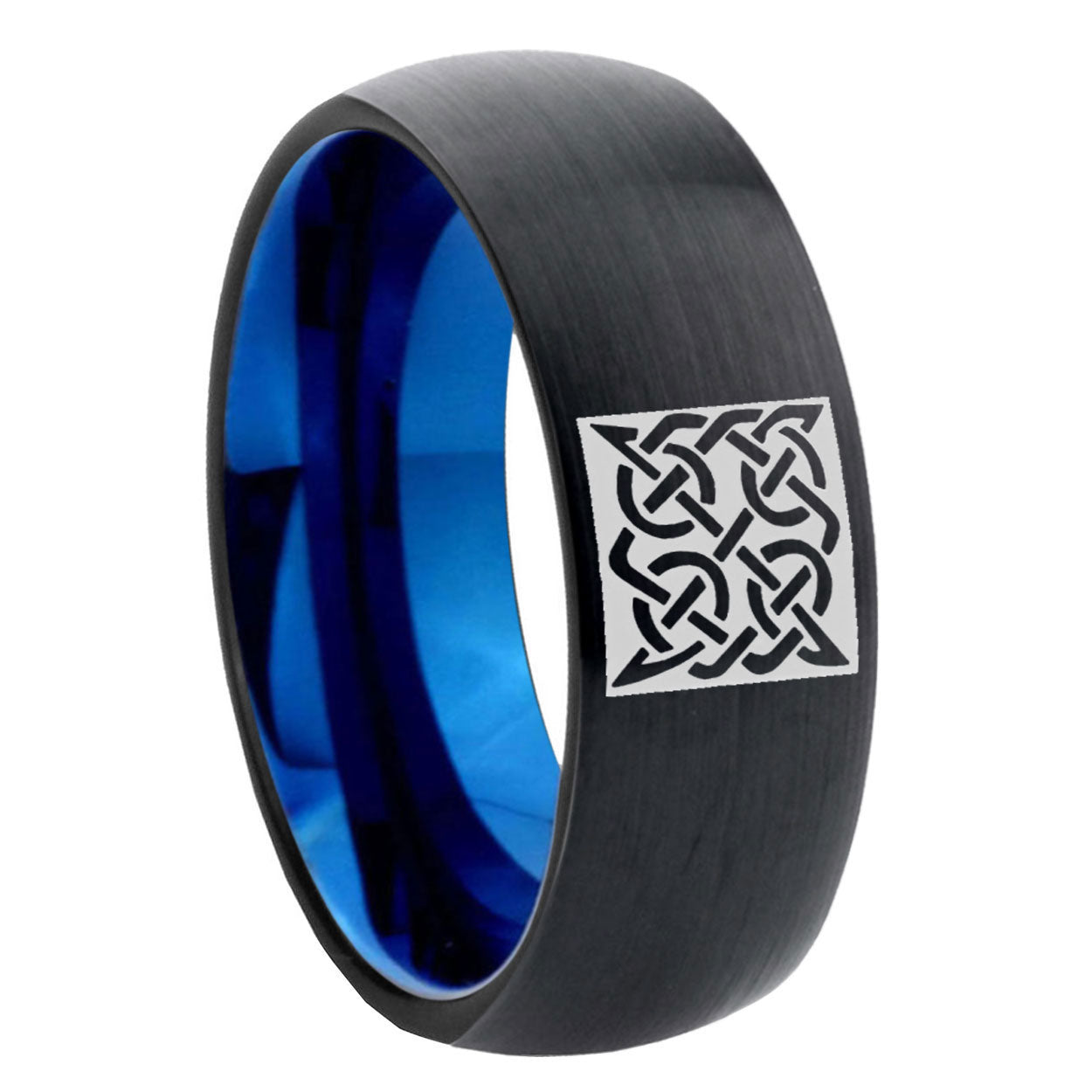 8mm Celtic Design Two-Tone Classic Dome Black Blue Tungsten Engraved Ring
