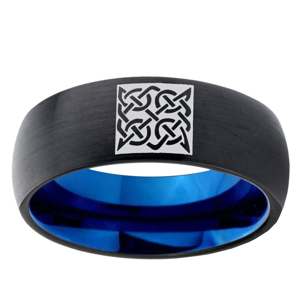 5mm Celtic Design Two-Tone Classic Dome Black Blue Tungsten Engraved Ring
