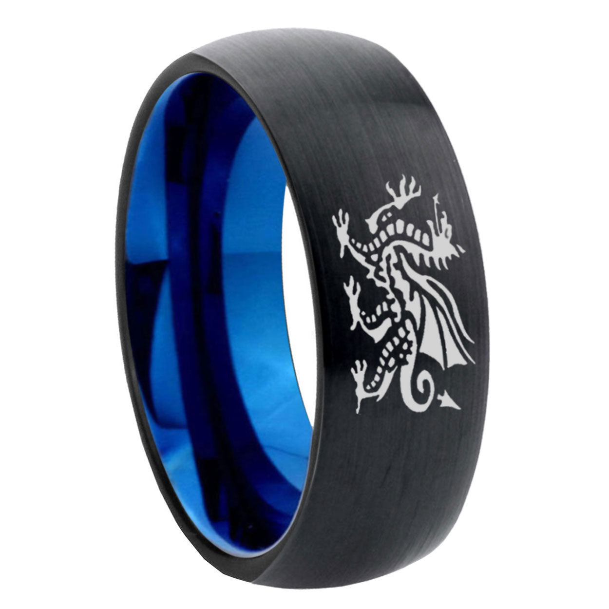 8mm Dragon Two-Tone Classic Dome Black Blue Tungsten Engraved Ring
