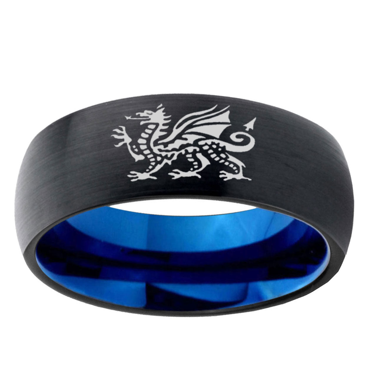 5mm Dragon Two-Tone Classic Dome Black Blue Tungsten Engraved Ring
