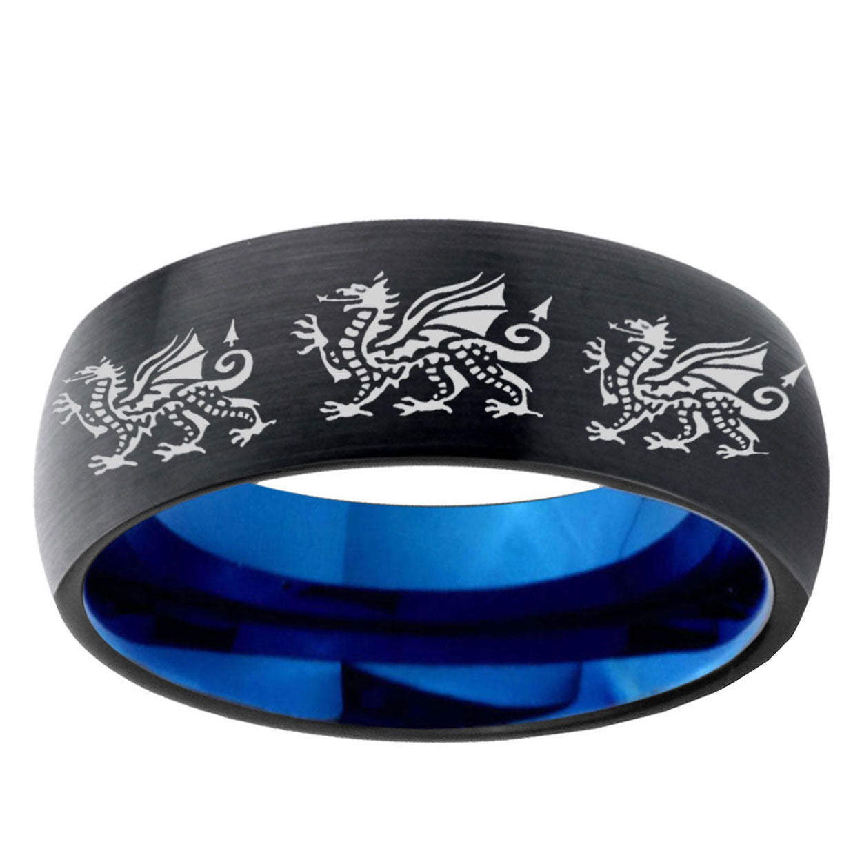 5mm Multiple Dragon Two-Tone Classic Dome Black Blue Tungsten Engraved Ring